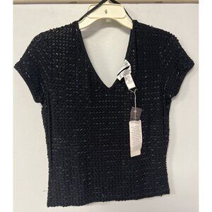 NWT Sideffects Woman's Black Beaded Short Cap Sleeve V Neck Top Medium